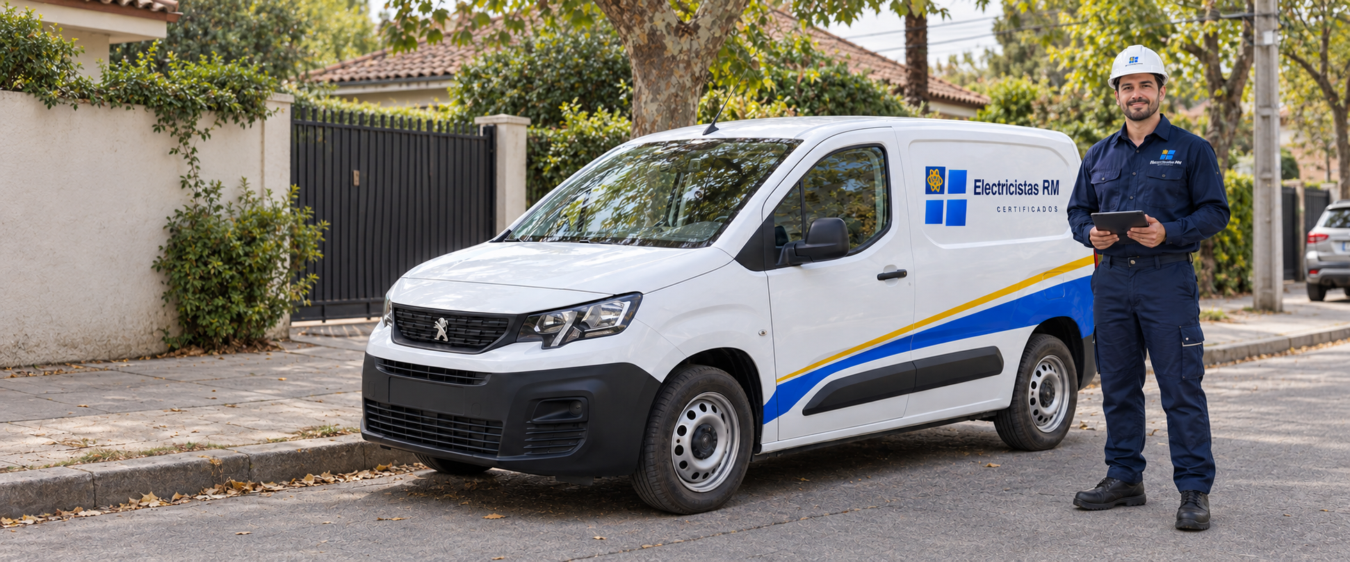 Imagen ilustrativa de una camioneta Electricistas RM y un técnico en un entorno residencial inspirado en Las Condes