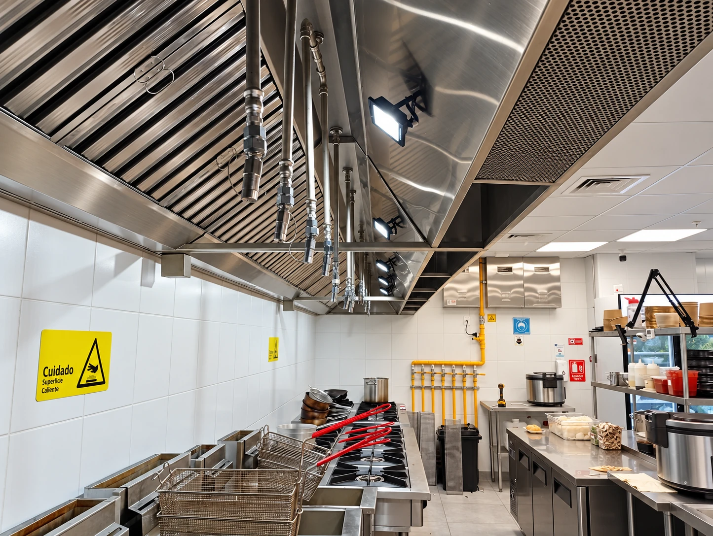 Focos de iluminación junto a una campana de acero inoxidable en una cocina comercial