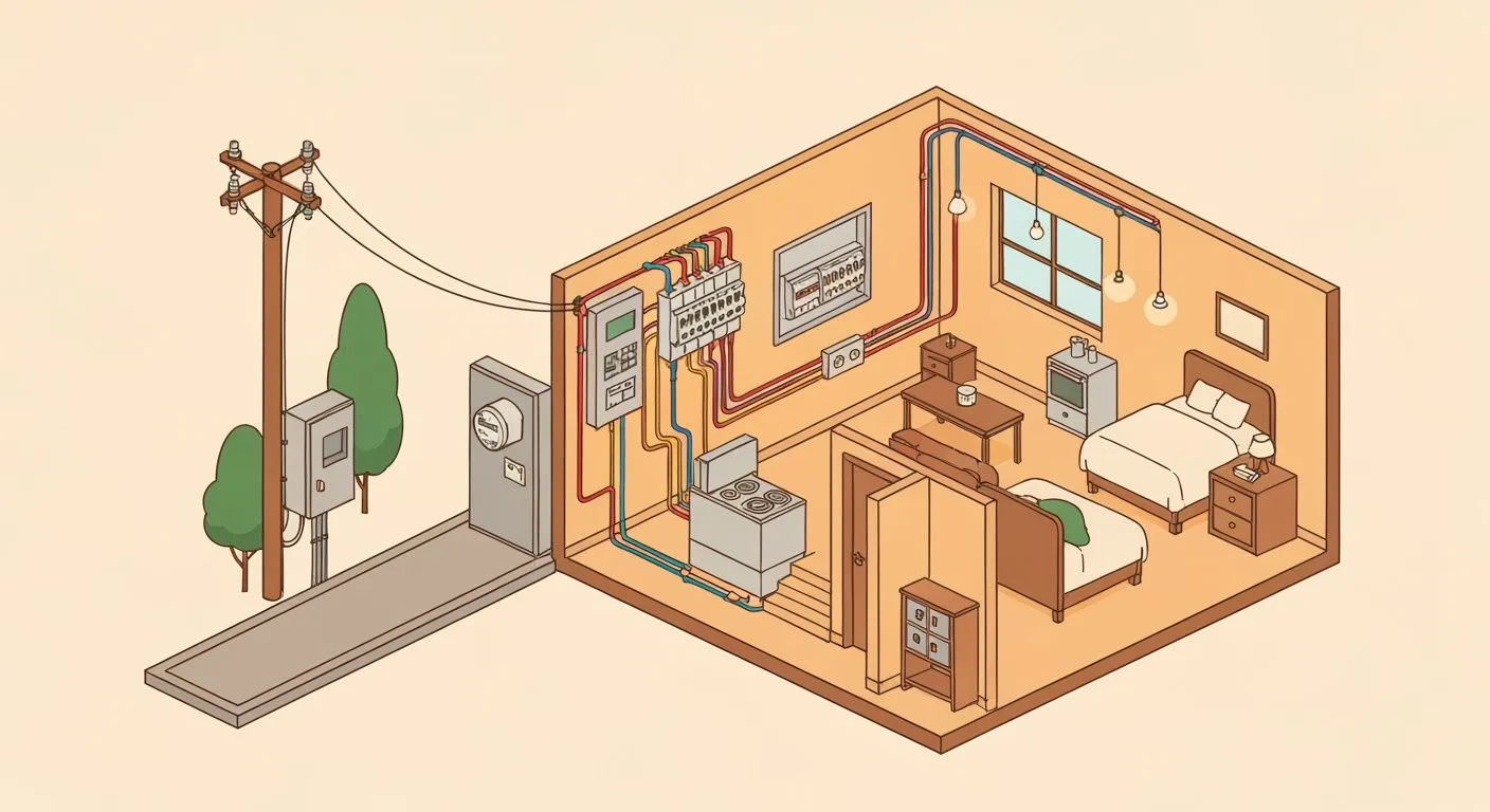 Ilustración conceptual de una vivienda con distintos espacios y recorridos eléctricos representados en colores