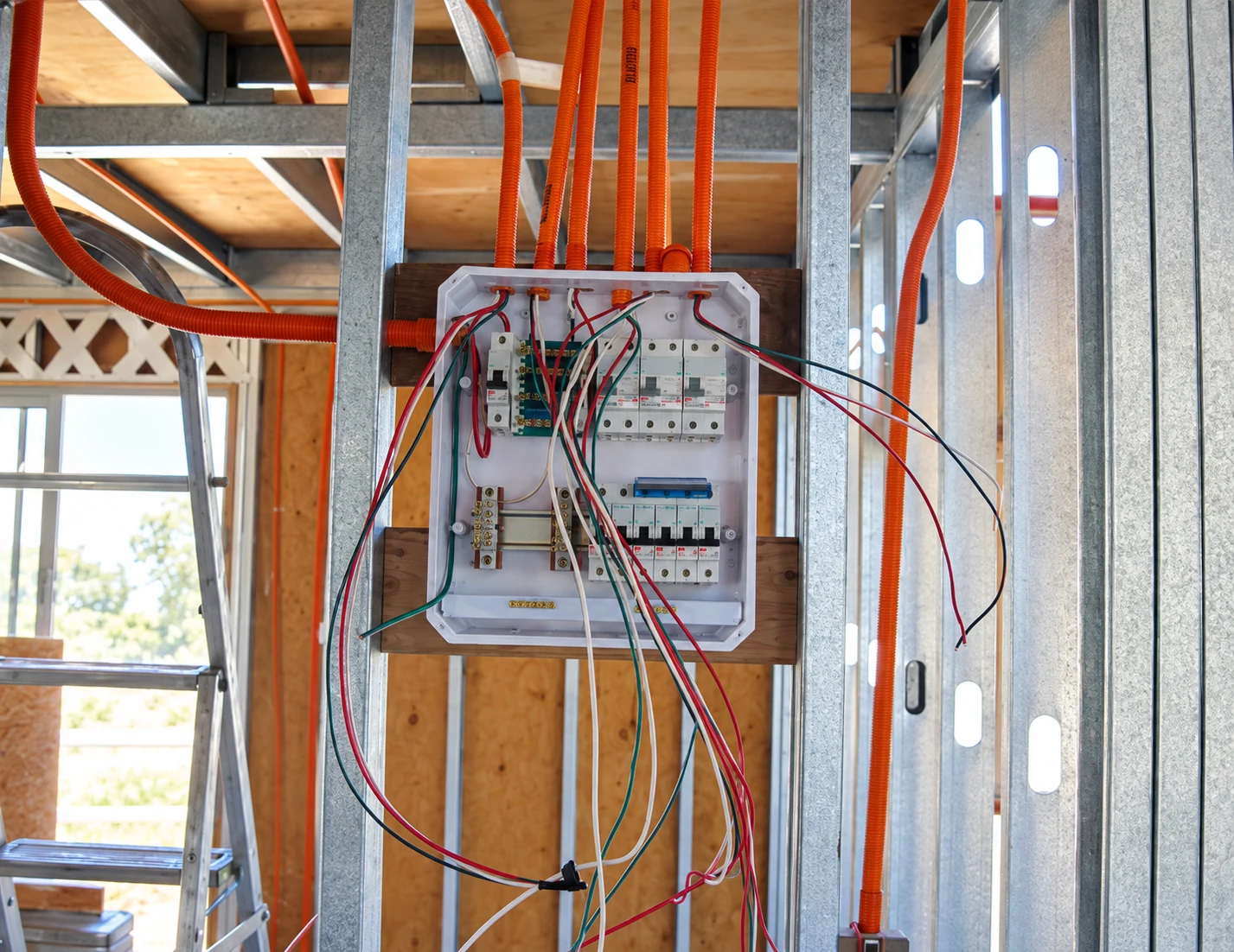 Tablero abierto y canalizaciones entre perfiles metálicos, con conductores sueltos durante el proceso de instalación