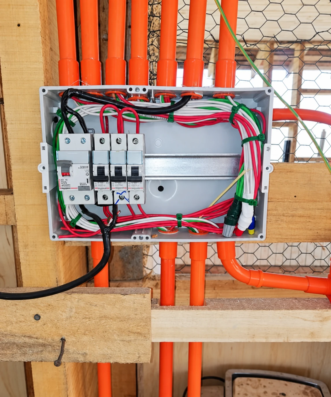 Tablero eléctrico abierto con conductores y dispositivos montados sobre una estructura de madera en construcción